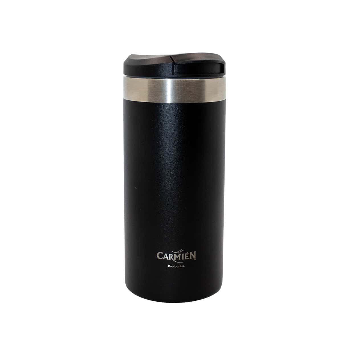 Freshly brewed Carmien Rooibos tea in a sleek black travel mug, perfect for enjoying the natural health benefits of South African Rooibos. Ideal for tea lovers on the go.