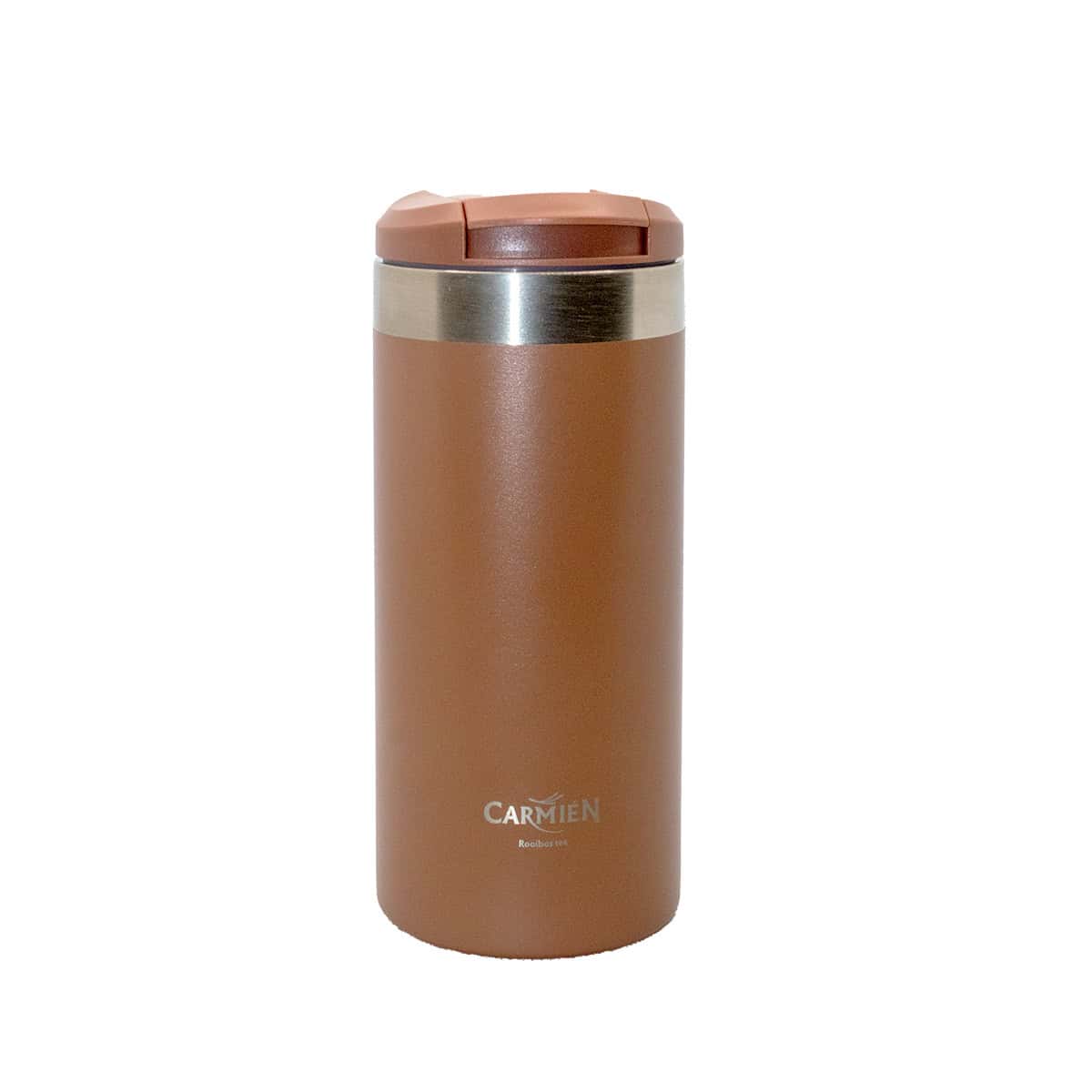 Stainless steel and brown insulated tea tumbler with Carmién Tea branding, designed for hot and cold beverages, ideal for tea lovers on the go.