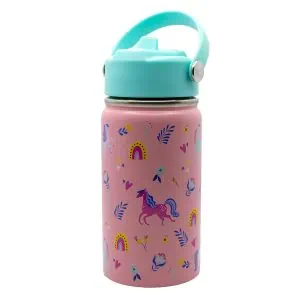 Vibrant pink water bottle adorned with colourful unicorns, rainbows, hearts and flowers, featuring a turquoise lid with a secure handle, perfect for kids who love whimsical and magical designs.
