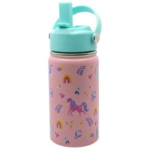 Colourful children's water bottle with unicorns, rainbows, hearts, and flowers, featuring a pastel pink and blue design, perfect for kids' hydration and outdoor adventures.