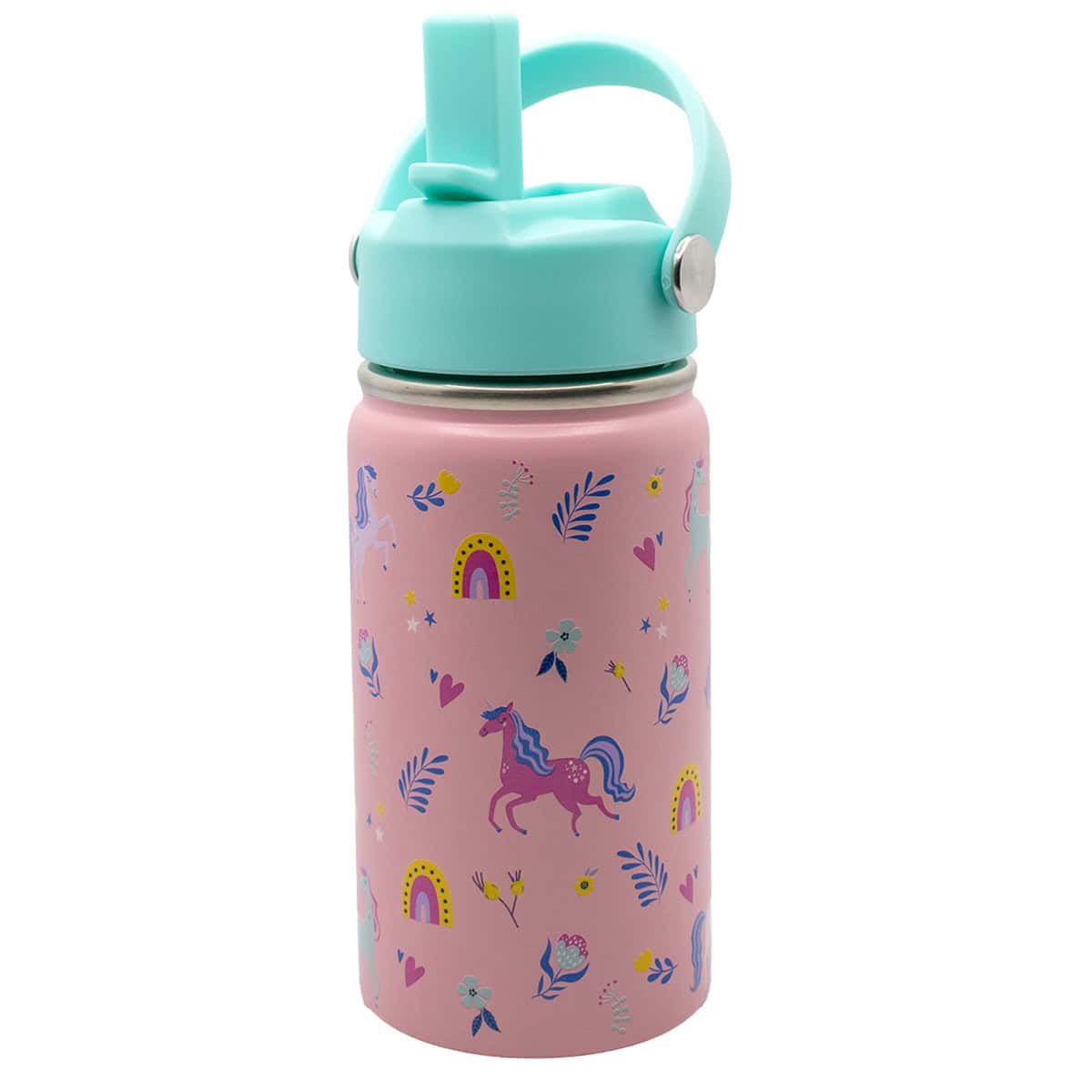 Colourful children's water bottle with unicorns, rainbows, hearts, and flowers, featuring a pastel pink and blue design, perfect for kids' hydration and outdoor adventures.