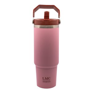 Stainless steel pink insulated tea tumbler with lid, designed for hot and cold beverages, featuring the LMC Liz Mouton Collection logo, ideal for everyday use.