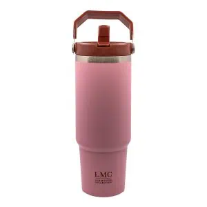 Stainless steel pink insulated tea tumbler with lid, designed for hot and cold beverages, featuring the LMC Liz Mouton Collection logo, ideal for everyday use.