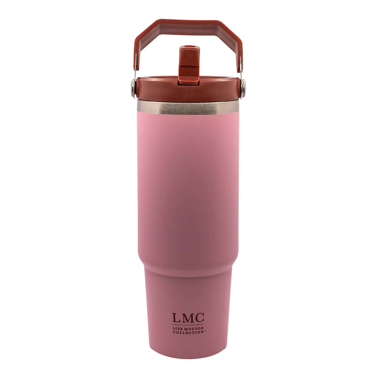 Stainless steel pink insulated tea tumbler with lid, designed for hot and cold beverages, featuring the LMC Liz Mouton Collection logo, ideal for everyday use.