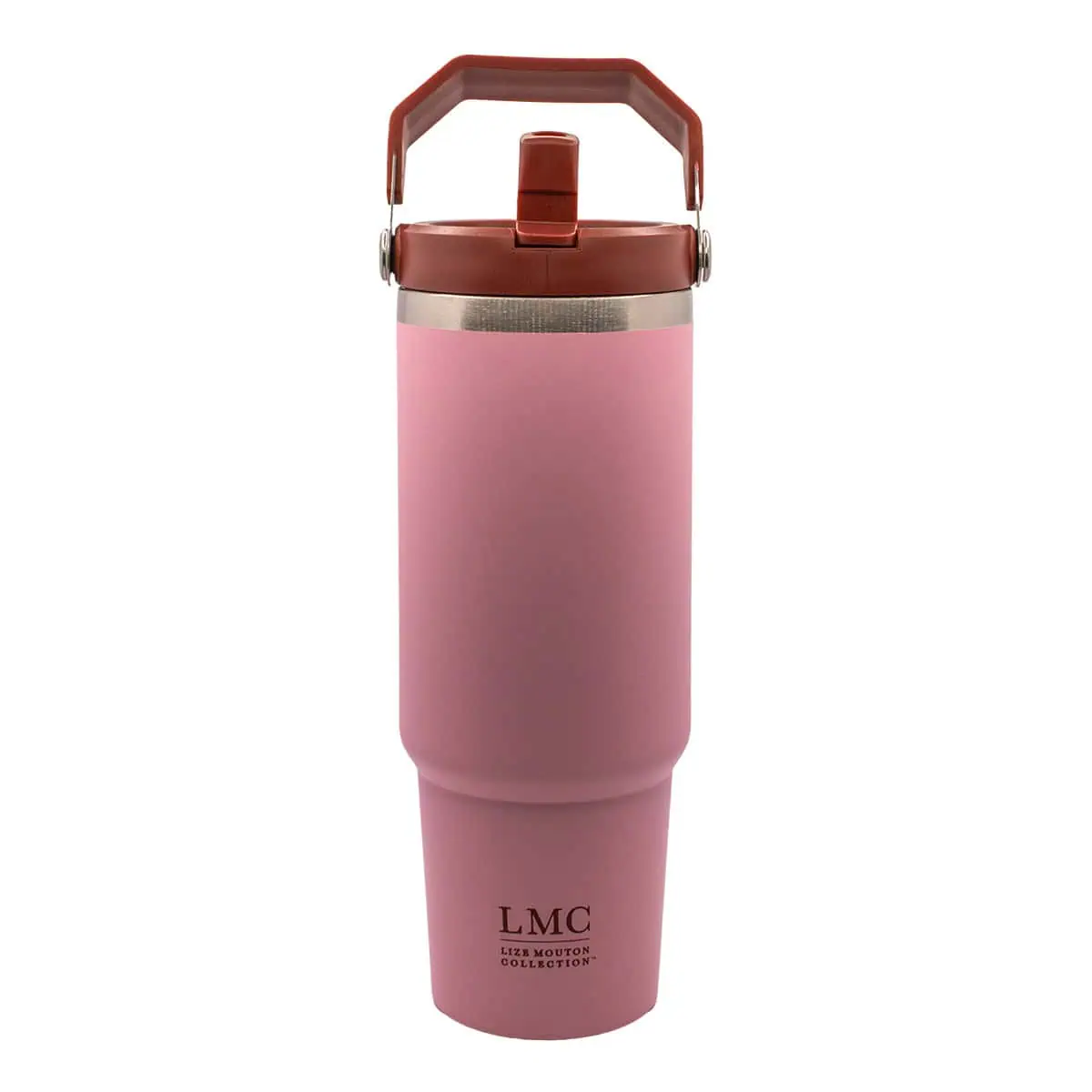 Stainless steel pink insulated tea tumbler with lid, designed for hot and cold beverages, featuring the LMC Liz Mouton Collection logo, ideal for everyday use.