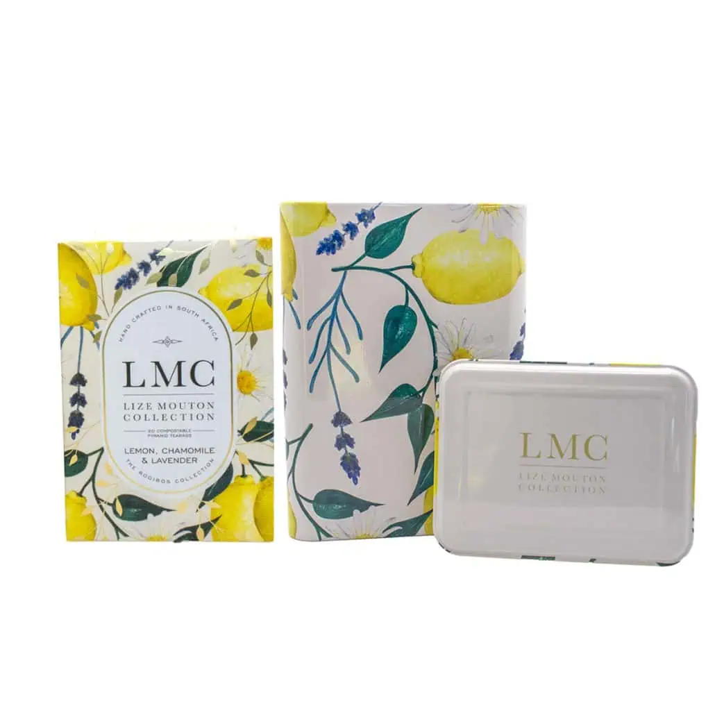 Assorted Carmién Tea packaging with lemon, chamomile, and lavender botanical designs and eco-friendly pyramid teabags.