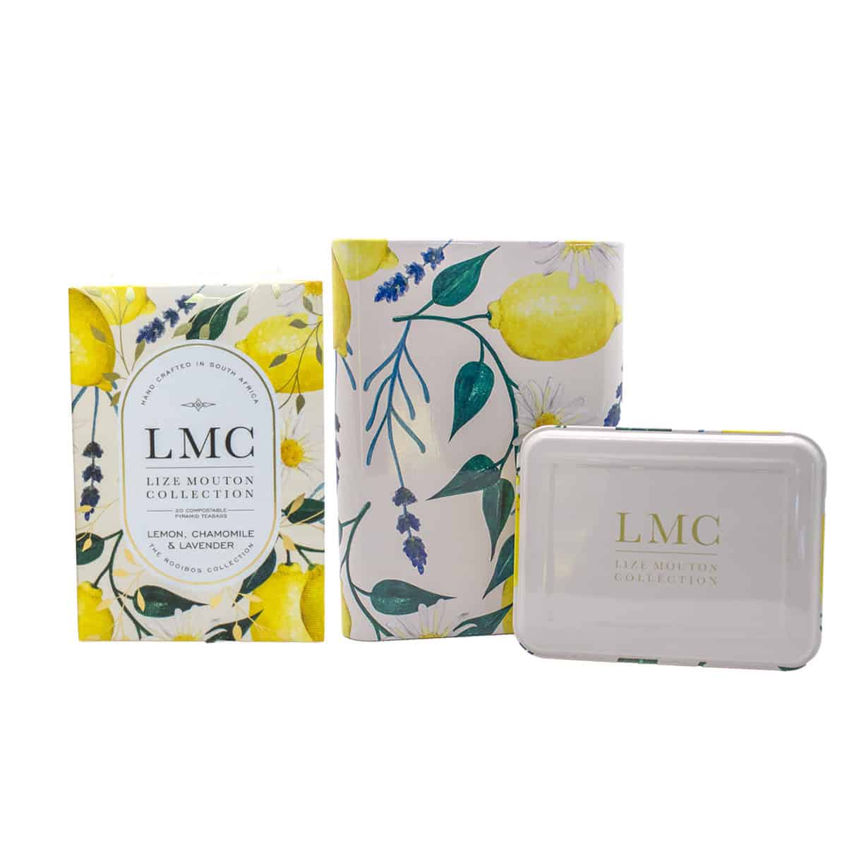 Assorted Carmién Tea packaging with lemon, chamomile, and lavender botanical designs and eco-friendly pyramid teabags.