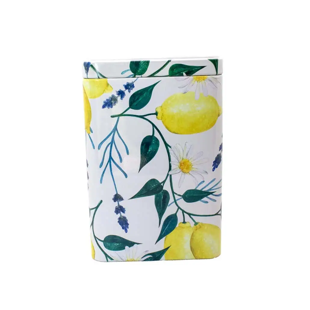 Gentle herbal tea tin with lemon and lavender illustrations, showcasing Carmién Tea's natural and aromatic herbal tea packaging design from South Africa.
