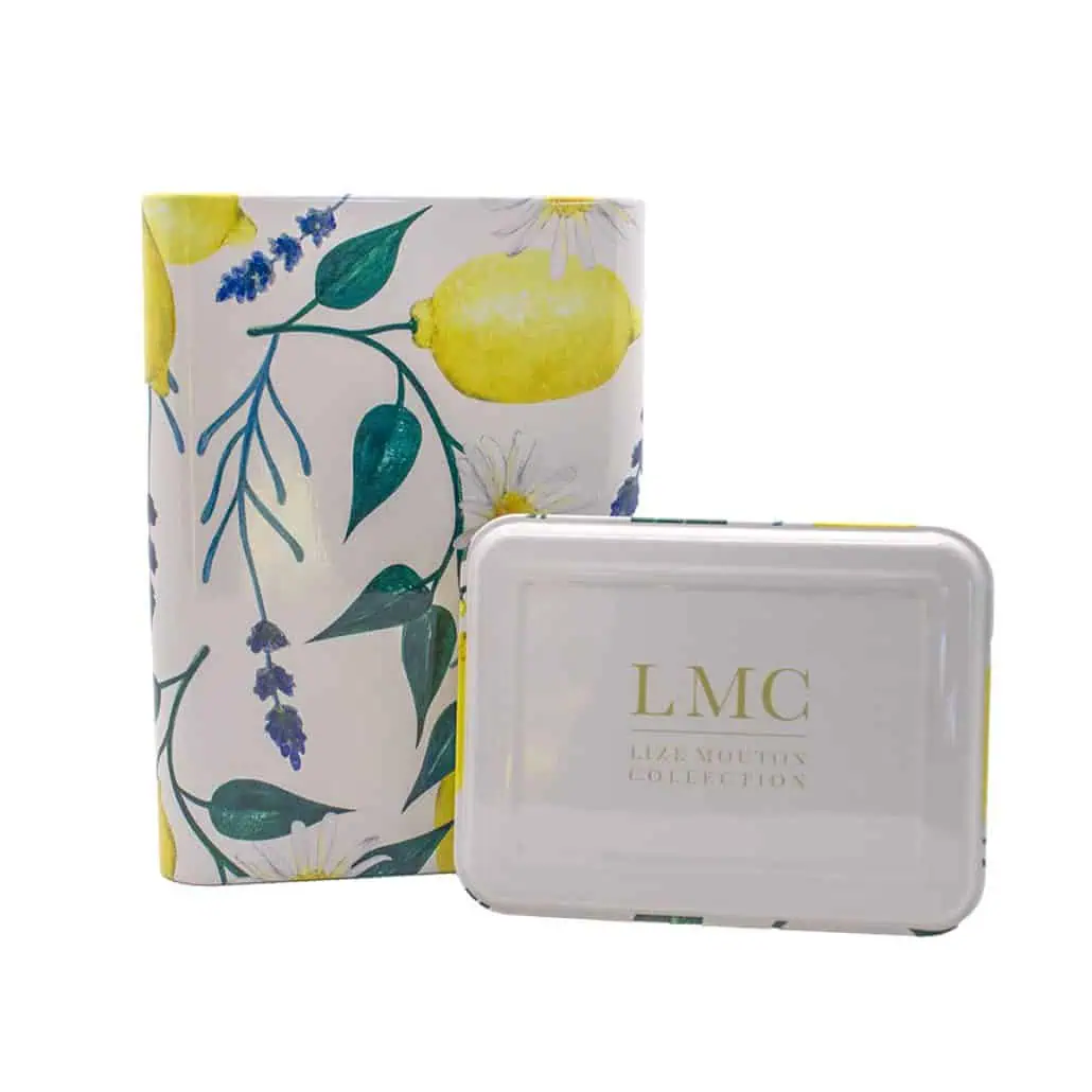Lemon and lavender-themed Carmién Tea packaging with botanical design, promoting natural, South African herbal teas for wellness and relaxation.