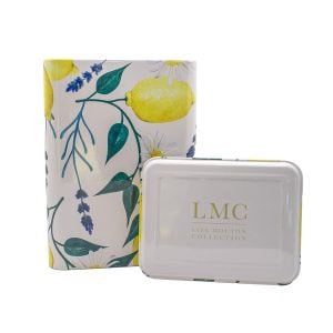 Lemon and lavender-themed Carmién Tea packaging with botanical design, promoting natural, South African herbal teas for wellness and relaxation.
