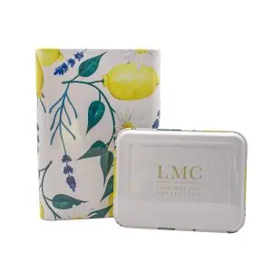 Lemon and lavender-themed Carmién Tea packaging with botanical design, promoting natural, South African herbal teas for wellness and relaxation.