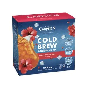 Cranberry Hibiscus Cold Brew Rooibos Ice Tea pack with 20 x 8g teabags, ideal for refreshing family beverages. Made with natural ingredients, easy to prepare, and perfect for hot days.