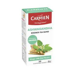 Organic Ashwagandha Rooibos tea blend with added ginseng and ginger for natural wellness. Perfect for soothing, energizing, and supporting overall health.