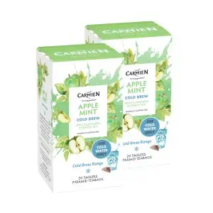 Carmién Apple Mint Cold Brew Rooibos Tea boxes featuring apple and mint flavors, ideal for cold water brewing. Perfect for a healthy, refreshing beverage with natural rooibos benefits.
