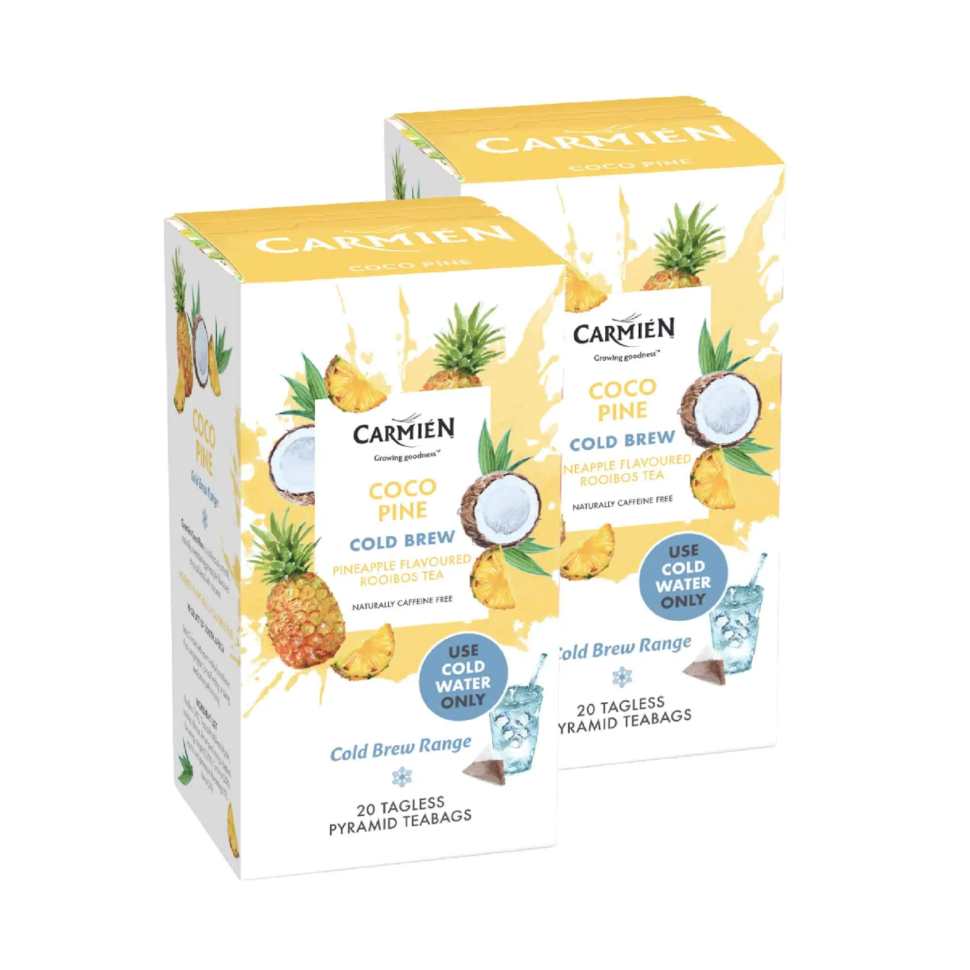 Carmién Coco Pine Cold Brew Rooibos Tea with pineapple and coconut flavor, ideal for refreshing cold brews. Perfect for tea lovers seeking natural, caffeine-free rooibos tea options.