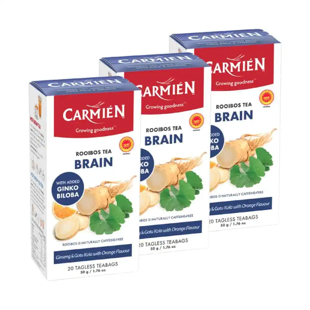 Enhance mental clarity with Carmién Tea's Brain blend, featuring Ginkgo Biloba, Gotu Kola, and Ginseng in a refreshing orange-flavored rooibos tea. Perfect for focus and cognitive support.