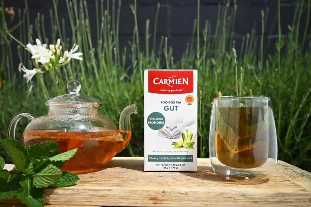 Rooibos tea with probiotics promoting gut health, shown with a teapot, glass, and tea box on a wooden surface outdoors.
