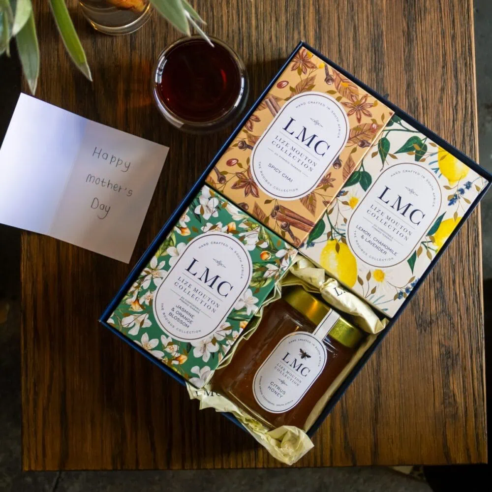 Elegant LMC Tea and Honey Gift Set with 3 x 20 Teabags and honey jar, perfect for gifting on special occasions like Mother’s Day. Crafted with natural ingredients, offering a delightful tea experience.