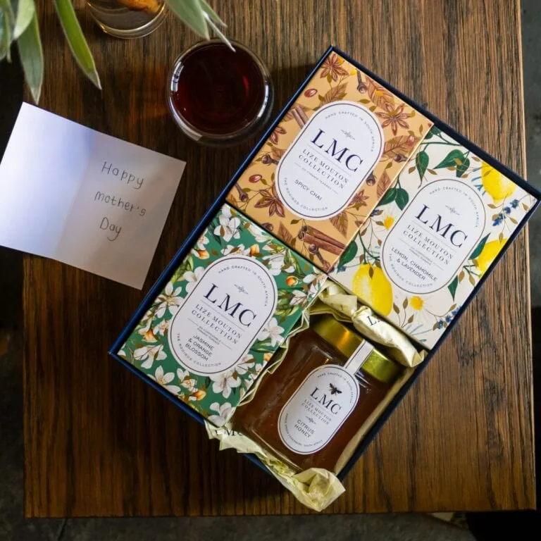Elegant LMC Tea and Honey Gift Set with 3 x 20 Teabags and honey jar, perfect for gifting on special occasions like Motherās Day. Crafted with natural ingredients, offering a delightful tea experience.