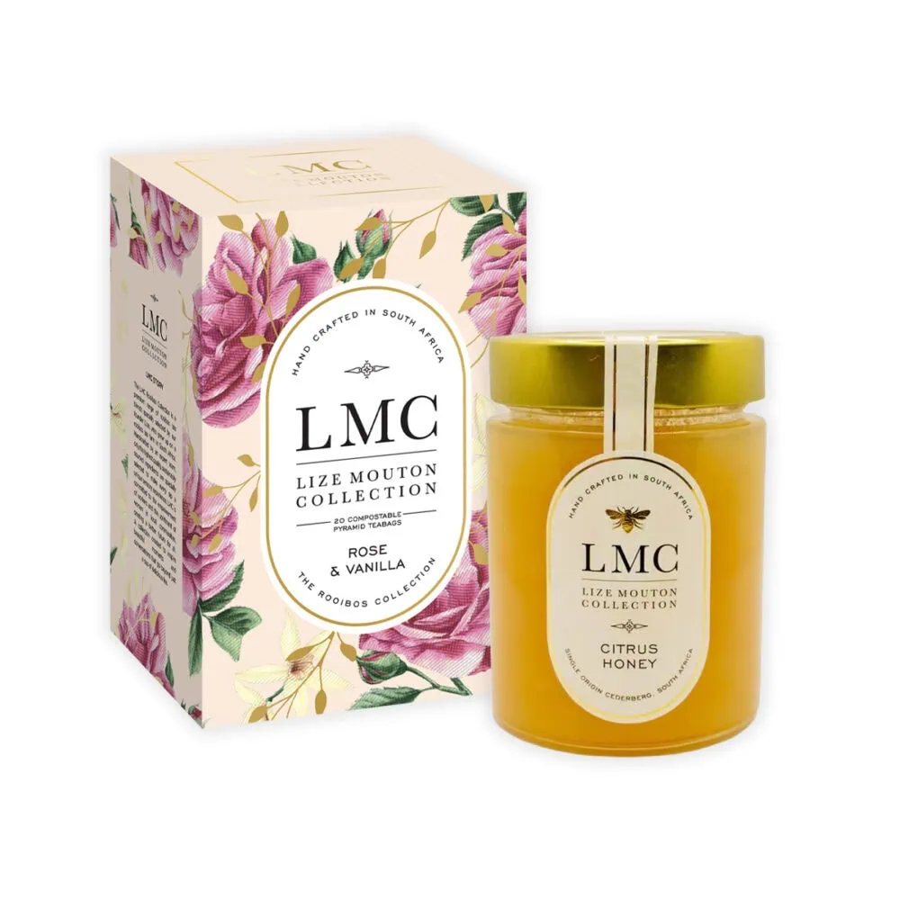An elegant Rose and Vanilla tea gift set from Carmién Tea, featuring 20 tea bags of soothing citrus honey flavor, perfect for gifting or personal enjoyment.