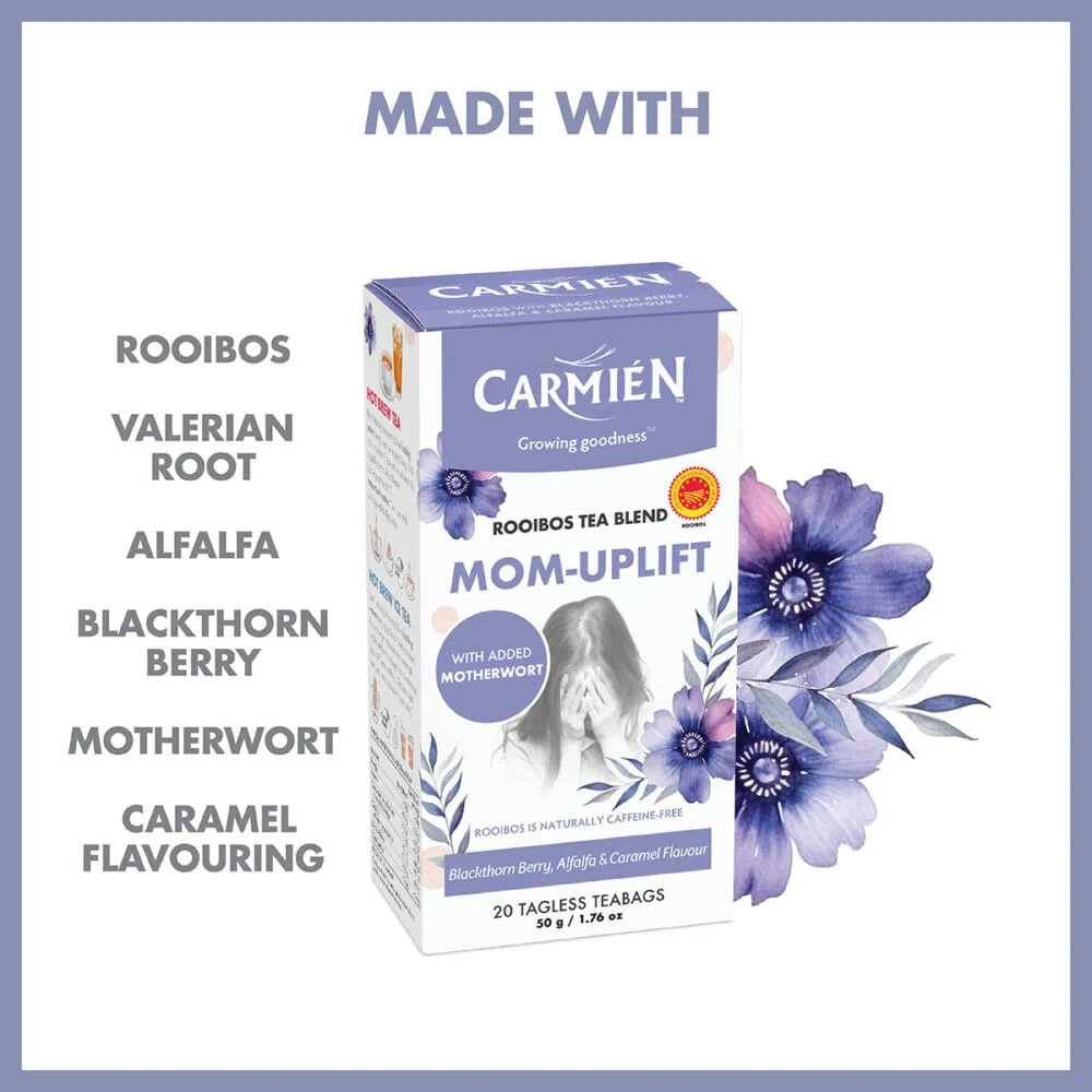 Carmién Mom-Uplift Rooibos tea blend box with purple flowers and leaves, highlighting natural ingredients and soothing qualities.