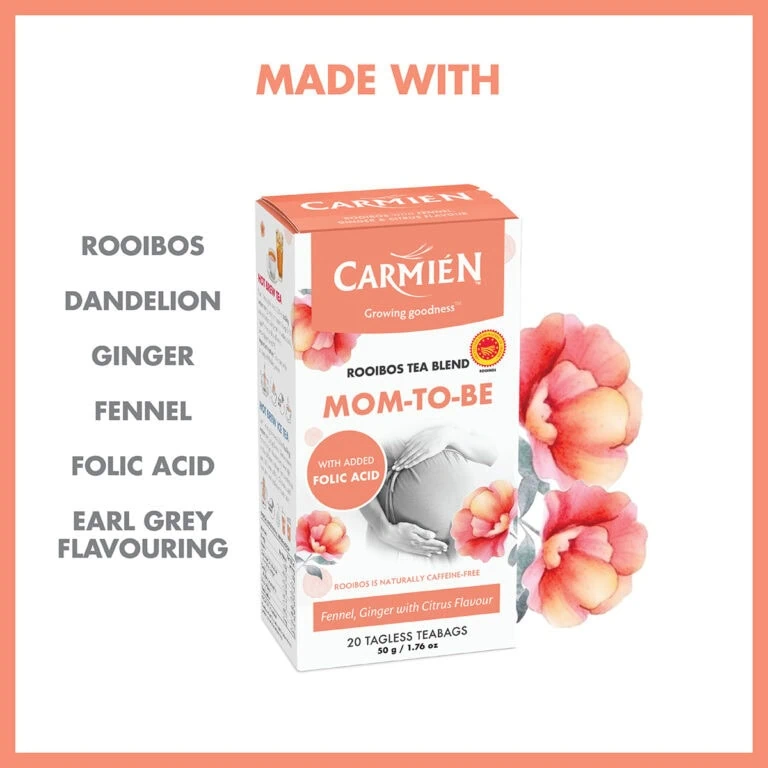 Carmién Mom-to-Be Rooibos tea blend box with floral design and natural ingredients listed.