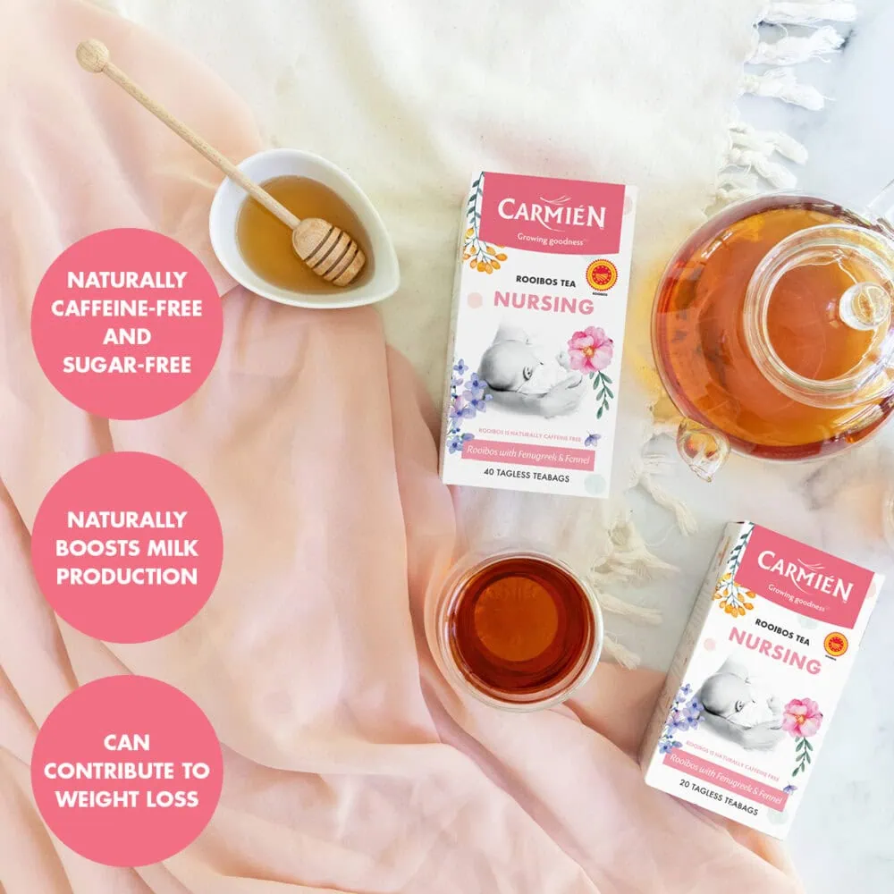 Carmién Nursing Rooibos tea with honey, tea bags, and a glass teapot on a soft pink fabric, promoting natural, caffeine-free, and sugar-free tea benefits.