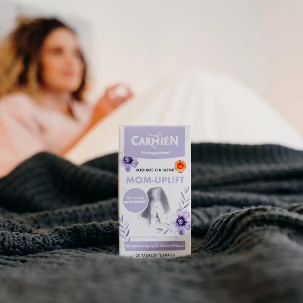 Carmién Mom-to-Be Rooibos Tea blend box with lavender and chamomile illustrations, promoting pregnancy and nursing wellness.