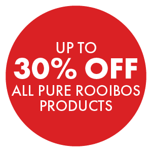 Promotional image showcasing up to 30% off on all pure rooibos products at Carmién Tea, highlighting the health benefits and quality of South African rooibos tea.